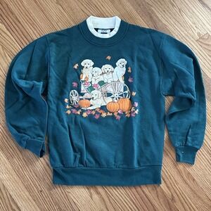 Vintage 90s Mock Neck Sweatshirt Women's‎ M Green Fall Autumn Puppies Pumkins